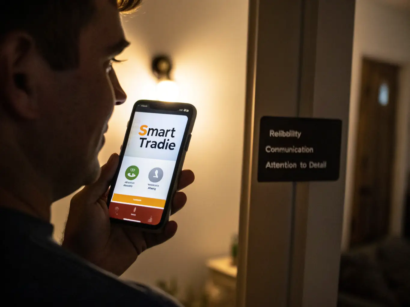 A homeowner using the Smart Tradie app on their smartphone, reviewing AI-generated scores for different tradies. The interface shows key metrics like reliability, communication, and attention to detail.