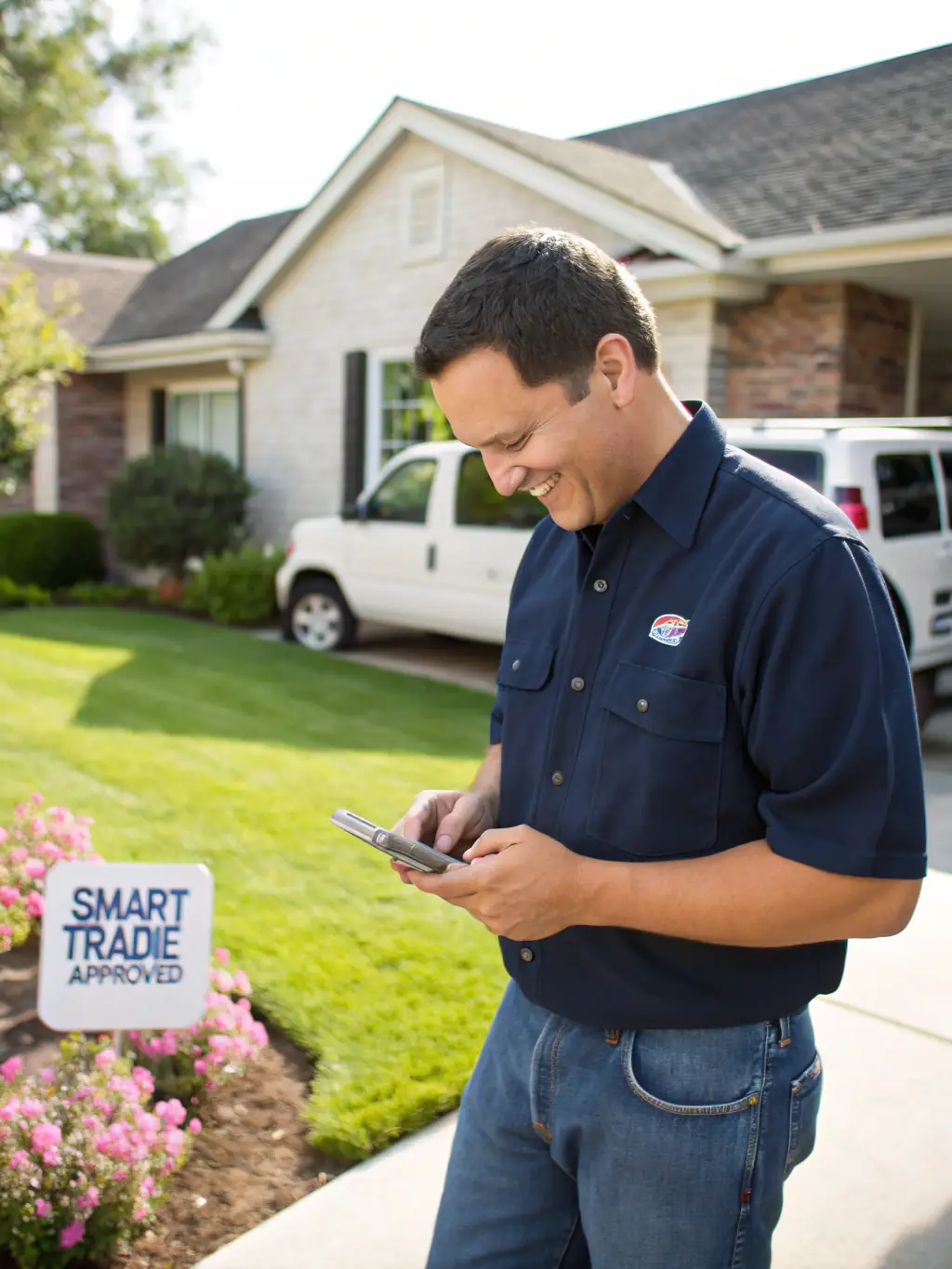 A professional tradie using the Smart Tradie app on their smartphone, smiling confidently while reviewing a new lead.