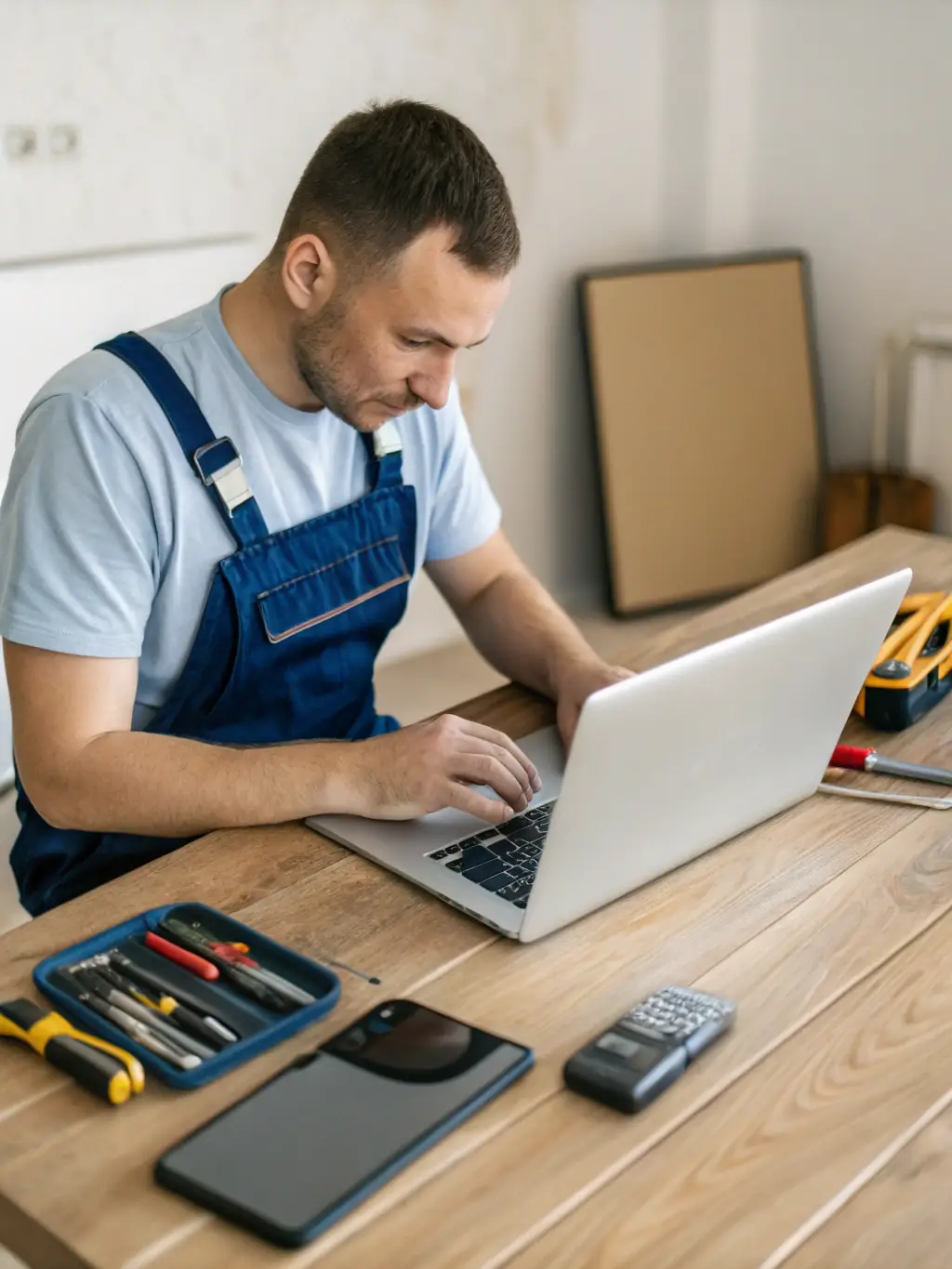 A tradie efficiently managing their schedule and communication with clients through the Smart Tradie platform on a laptop.