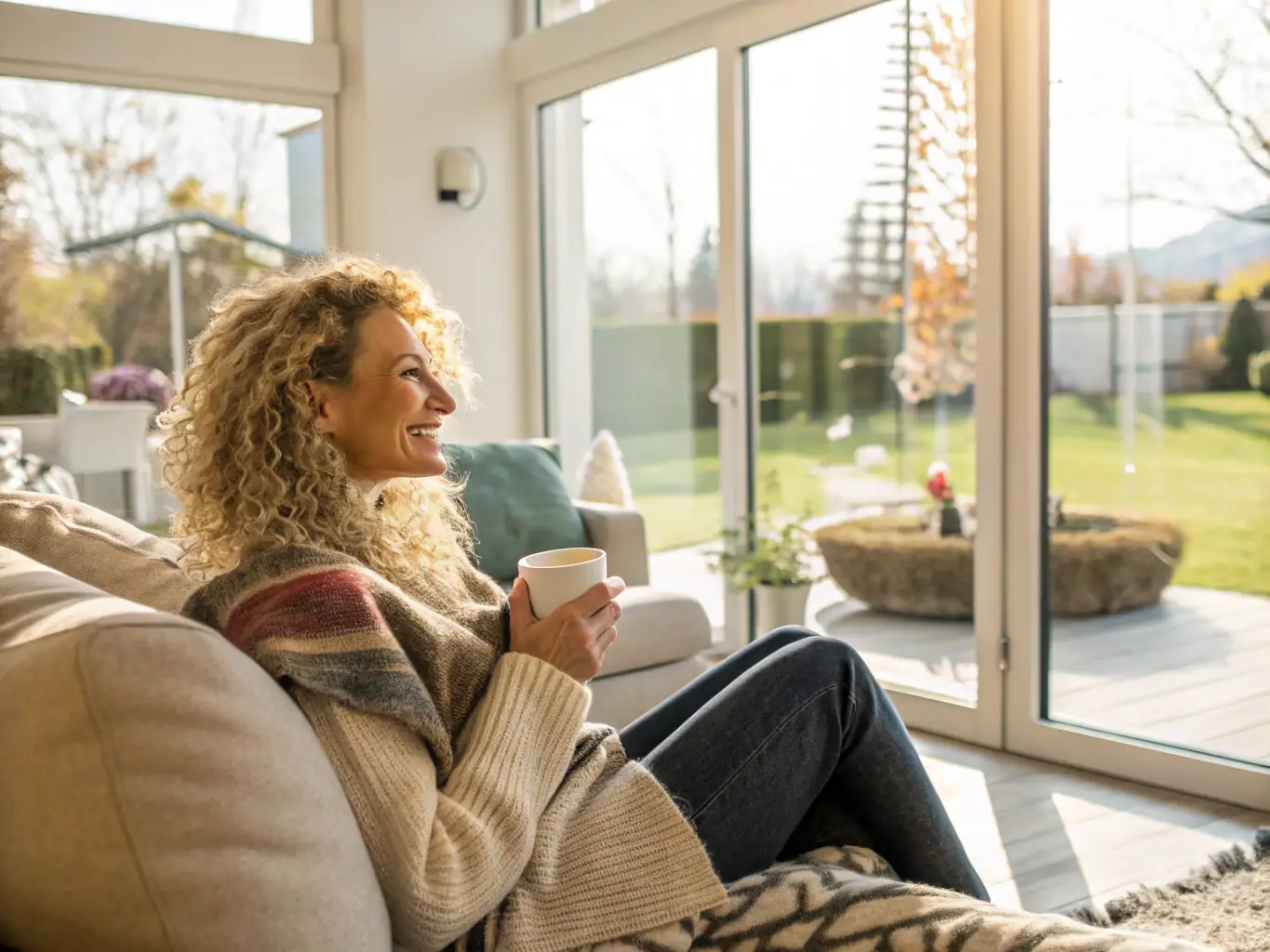 A homeowner relaxing in their newly renovated living room, showcasing the successful completion of a project facilitated by Smart Tradie.