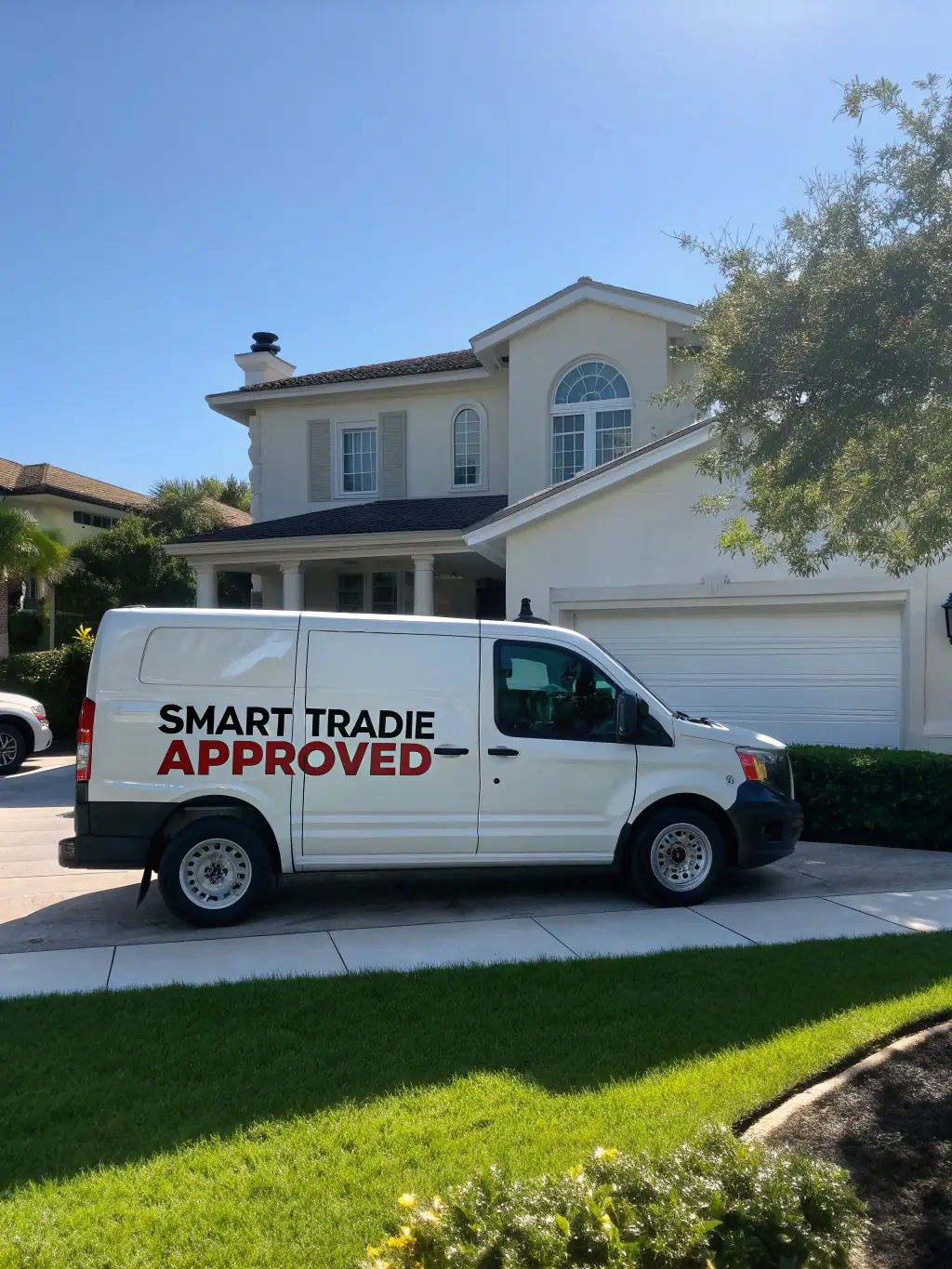 A tradie's van parked in front of a house with a 'Smart Tradie Approved' sticker visibly displayed.