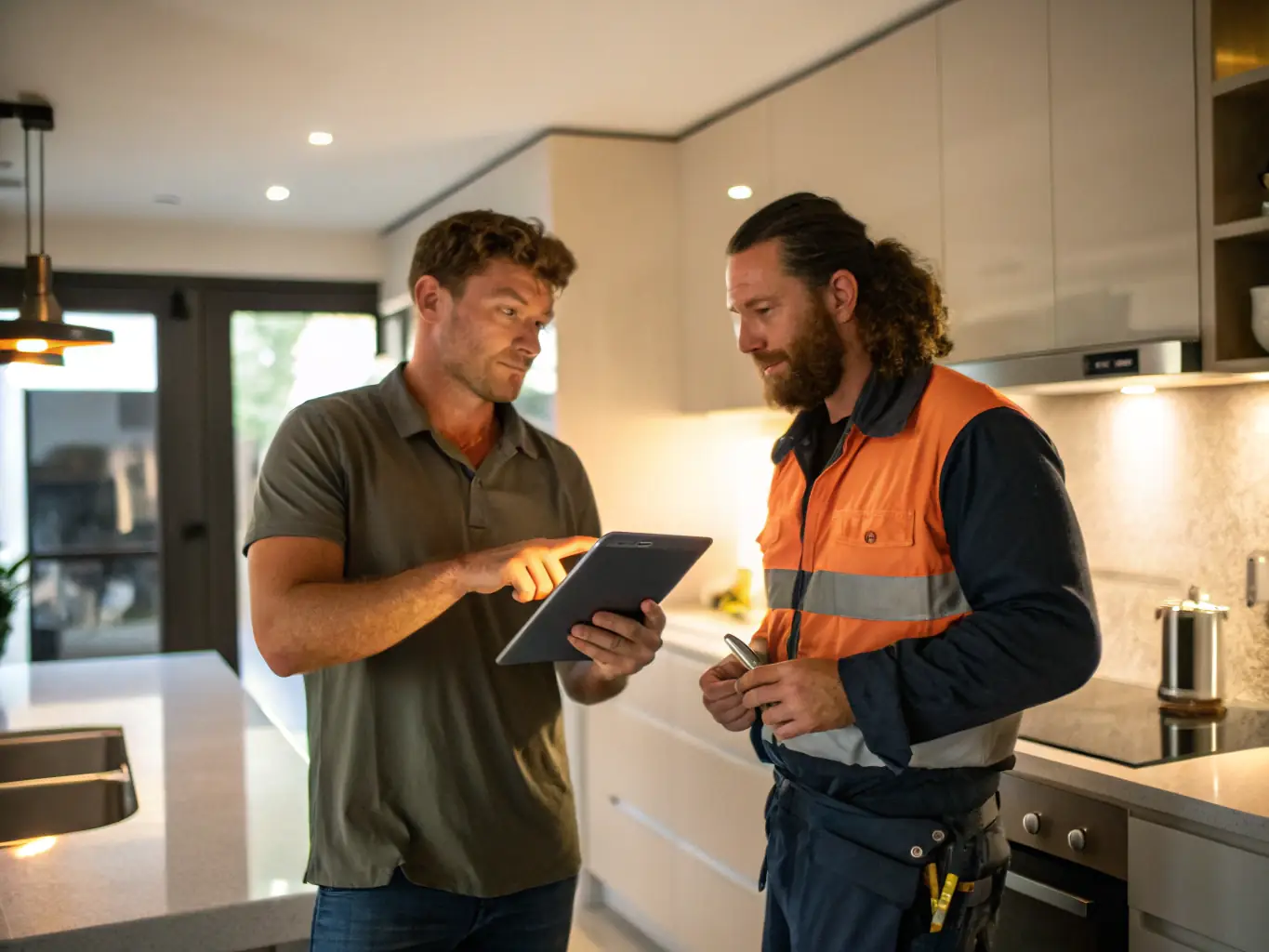 An image of a homeowner and a tradie having a productive conversation, facilitated by the Smart Tradie platform's question-asking tools. The setting is a well-lit, modern home.