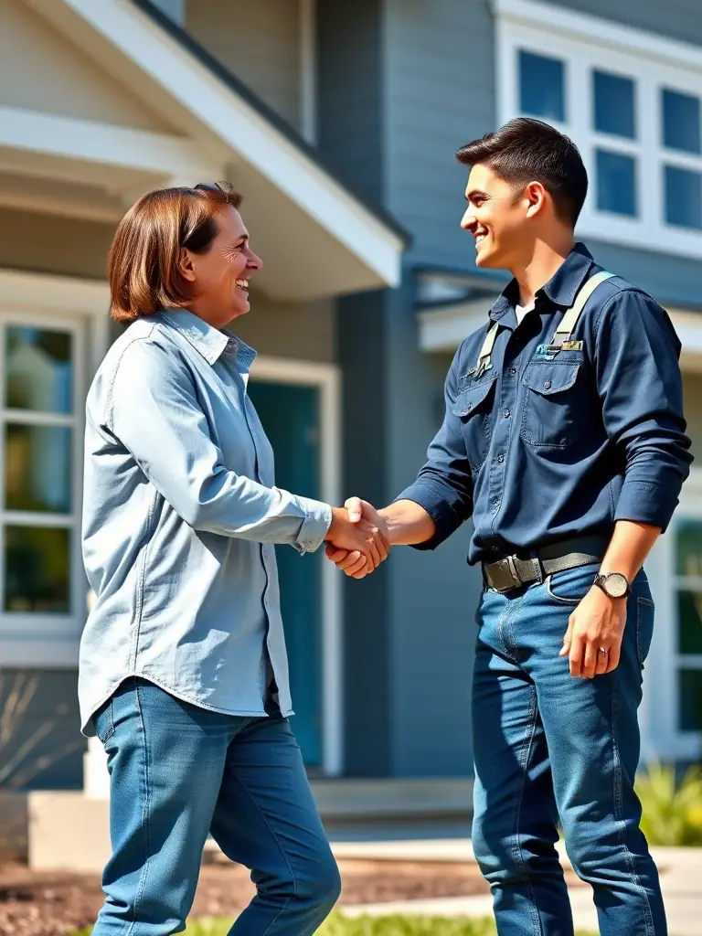 A homeowner happily shaking hands with a tradie, both smiling, in front of a beautifully completed home renovation project.