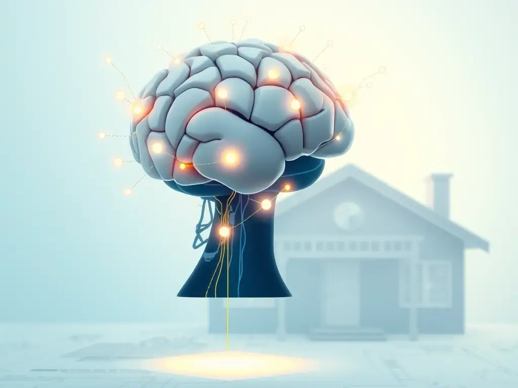 A digital illustration depicting an AI brain analyzing a tradesperson's profile, with data points highlighting reliability, attention to detail, and communication skills. The background shows a blueprint of a house, symbolizing home renovation projects.
