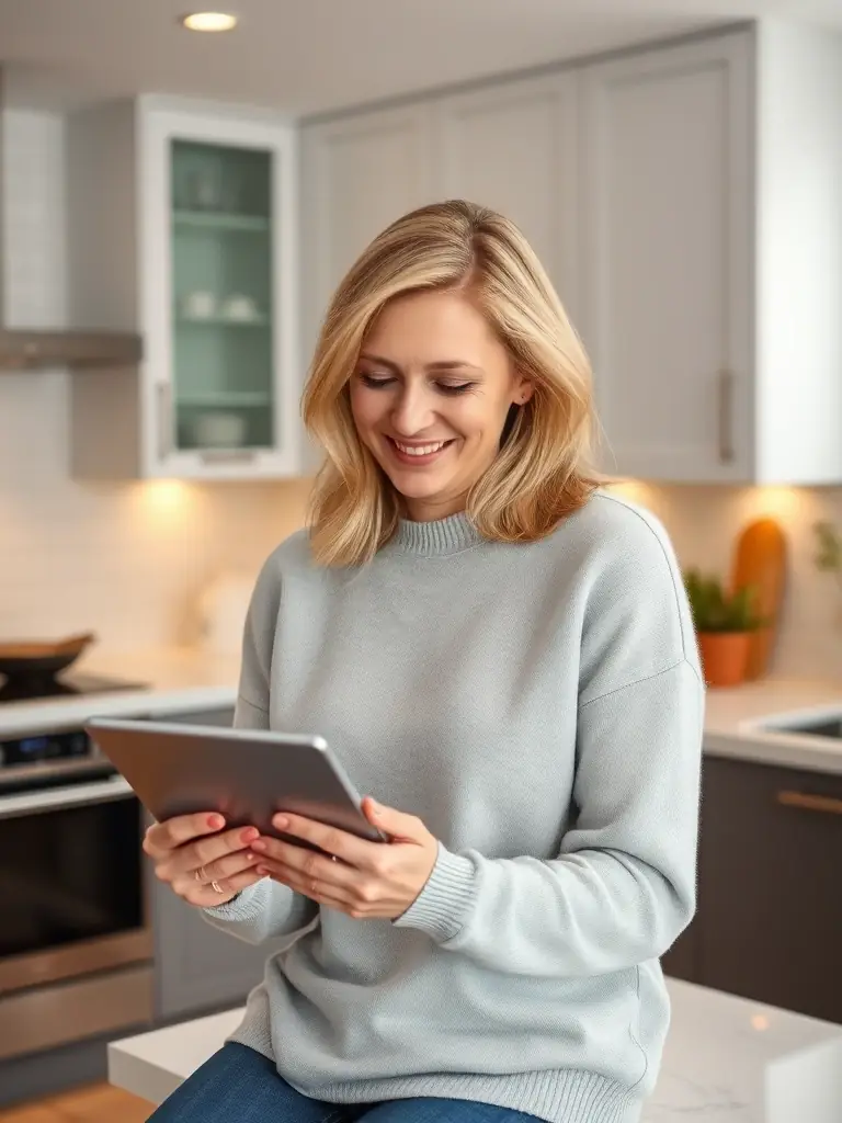 A homeowner relaxing in their newly renovated kitchen, showcasing the peace of mind and satisfaction that comes from using Smart Tradie to manage their project.