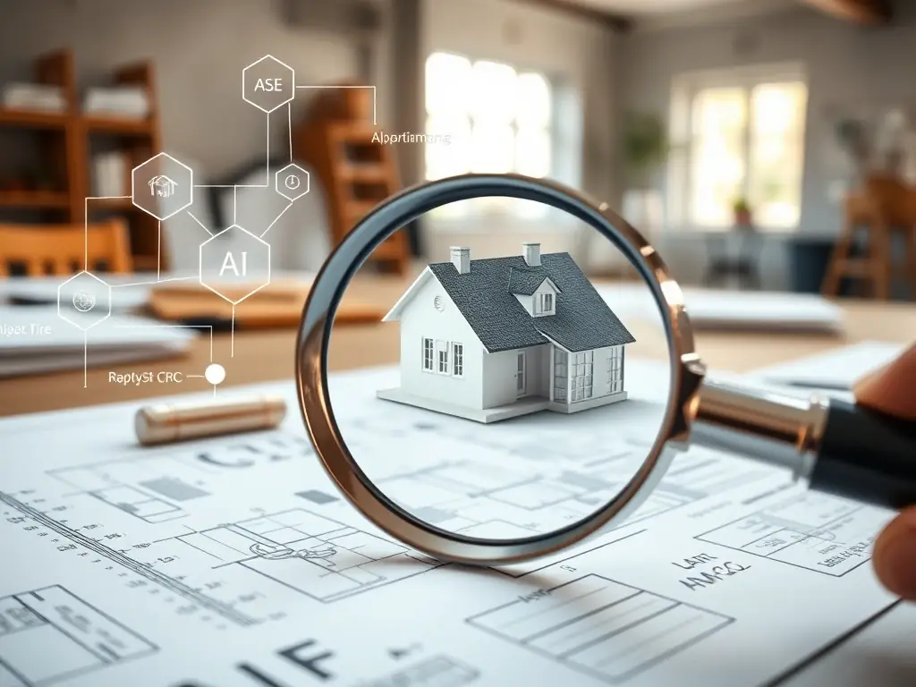 A close-up shot of a digital magnifying glass focusing on a detailed blueprint, with AI algorithms overlayed to represent the attention to detail assessment. The image conveys precision and thoroughness.