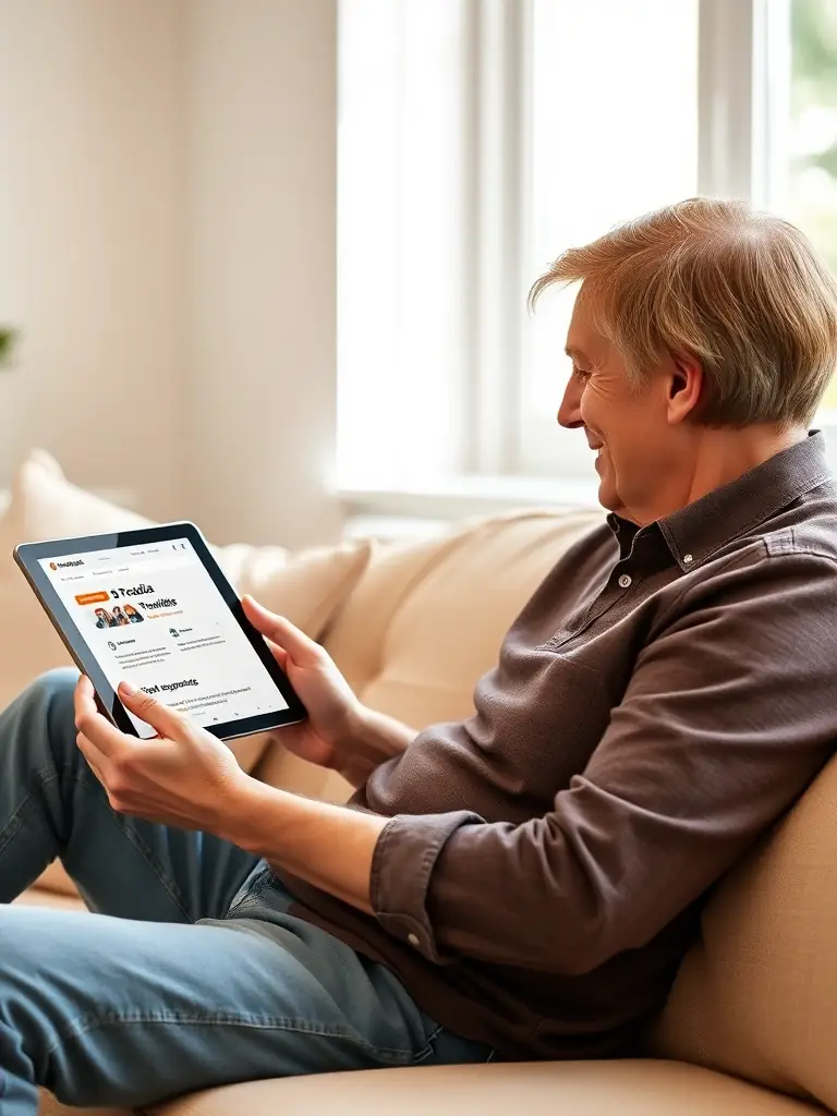 An illustration of a homeowner using the Smart Tradie app on a tablet, overseeing various aspects of their renovation project, symbolizing improved project organization.