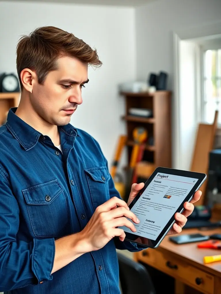 A homeowner using SmartTradie on a tablet, reviewing a project schedule with a tradie, showcasing the scheduling tool's ease of use.