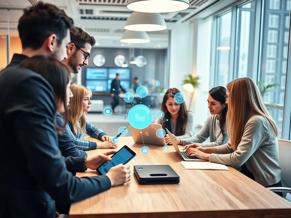 A visual representation of two people communicating through digital devices, with AI icons symbolizing the analysis of their communication patterns. The background shows a friendly, collaborative environment.